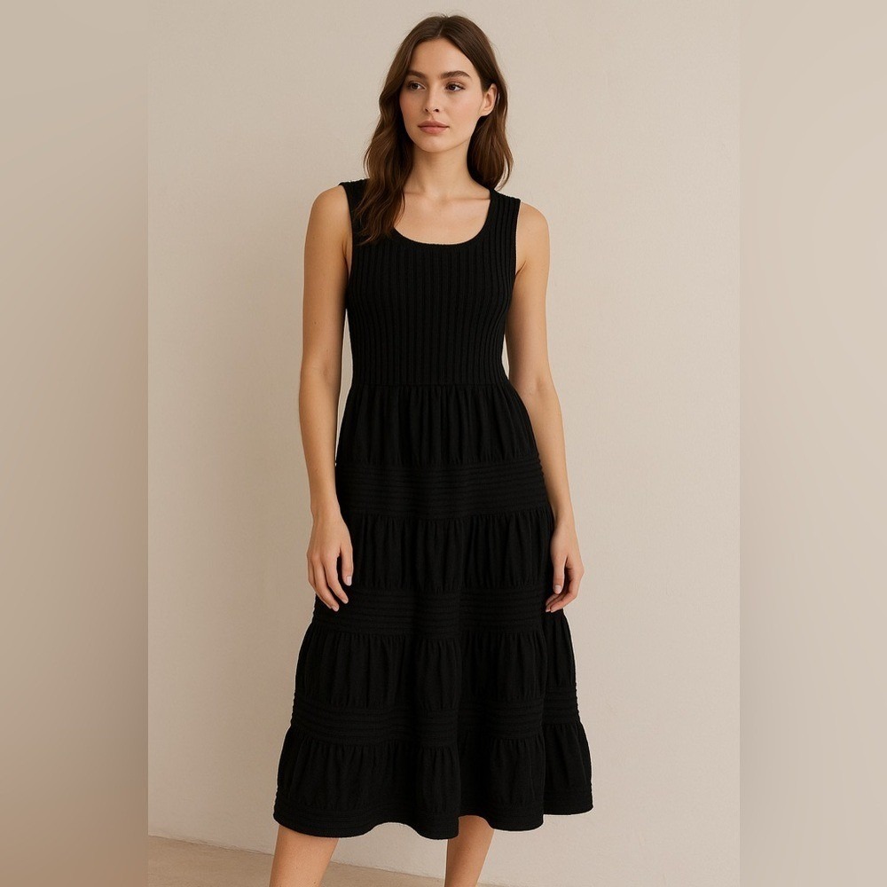 Lombaggi Knitwear Angora Blend Black Tiered Knit‎ Midi Dress S/M Romantic